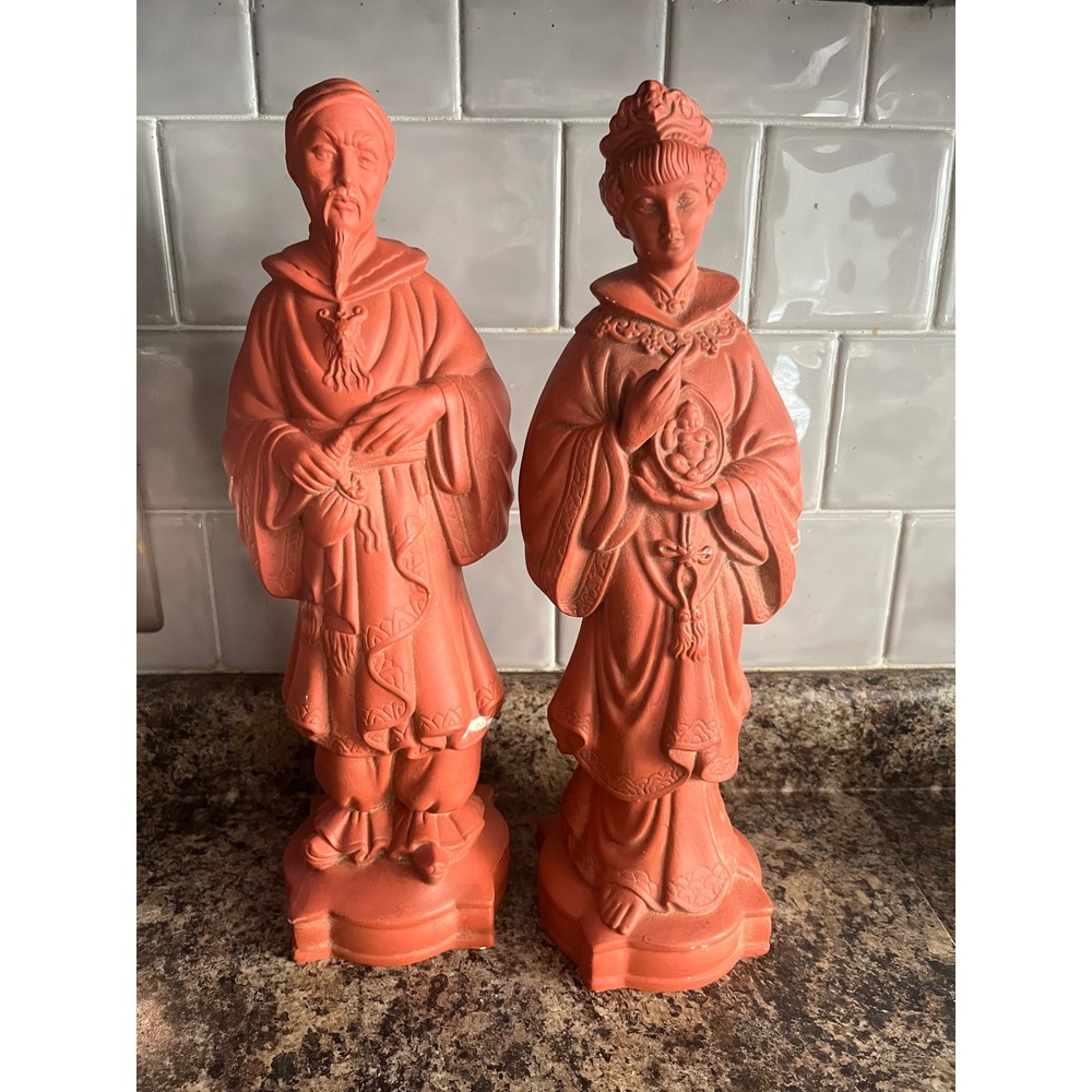 Vintage Holland Mold Chinese Emperor Empress Ceramic Figurines Terracotta Orange